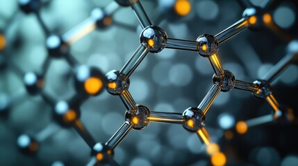 Poster - Close-up of molecular nanotechnology with glowing connections and fine details, creating a textured backdrop with space for branding or creative design.