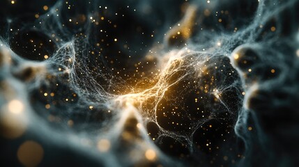 Poster - Close-up of nanostructures in a network pattern with glowing particles and digital effects, leaving ample space for branding or text placement.