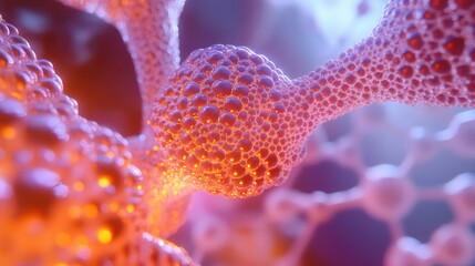Poster - Close-up of nanotechnology with glowing molecular structures and interconnected particles, leaving room in the center for creative text or branding.