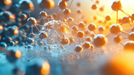 Poster - Close-up of nanotechnology molecules, atoms, and particles in a glowing network, offering a clean area in the center for text, branding, or graphic elements.