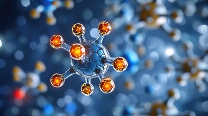 Poster - Close-up of nanotechnology with glowing molecular structures and interconnected particles, leaving room in the center for creative text or branding.