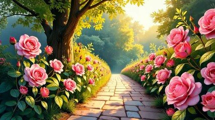 Poster - A path with a tree and pink flowers. The flowers are in the foreground and the tree is in the background