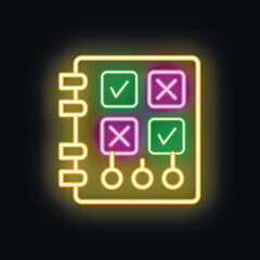 Poster - Glowing neon icon of a notebook with checkmarks and crosses, symbolizing task management, quizzes, or decision making