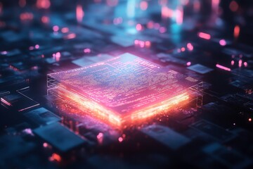 Poster - a glowing microchip surrounded by vibrant digital elements, illustrating advanced technology and dat