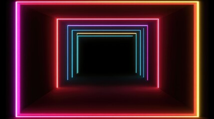 Poster - Cyber-inspired D tunnel with glowing neon frames receding into the distance, creating a dynamic perspective with copy space.