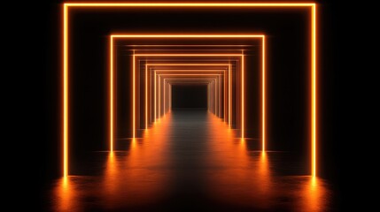 Poster - Cyber-inspired D tunnel with glowing neon frames receding into the distance, creating a dynamic perspective with copy space.