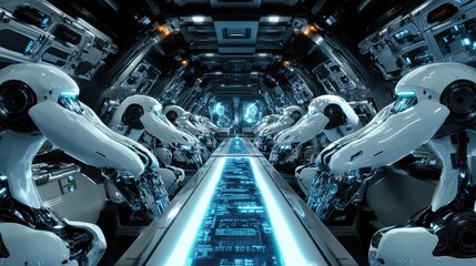 Poster - Cybernetic robotics environment with mechanical components, glowing circuits, and AI-powered arms forming a clean, modern copy space.