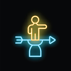 Sticker - Neon sign of a businessman standing on an arrow pointing up, symbolizing business success