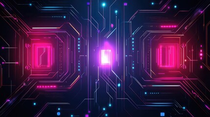 Poster - Dark cyber background with high-tech neon-lit geometric patterns, layered digital grids, and dynamic lighting, leaving ample copy space.