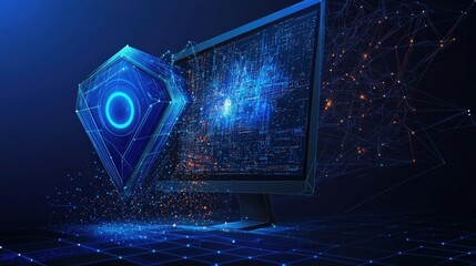 Aufkleber - Computer with blue background featuring a glowing blue circle in a digital design setting