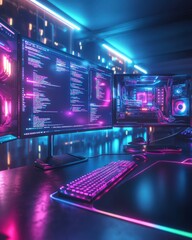 Poster - a vibrant gaming setup featuring multiple monitors with glowing neon lights, showcasing coding and a