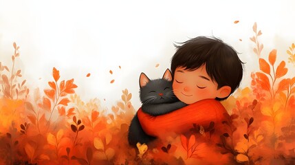Poster - Minimalist distorted shapes style Muslim boy lovingly hugging his cat woodtextured forms blending into an abstract foliage background muted brownish warm tones flat soft shading effect