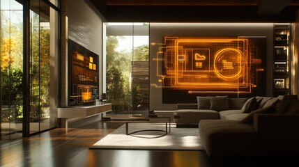 Poster - Floating D holographic IoT elements with wireless smart home connectivity, neon light reflections, and a clean tech copy space.