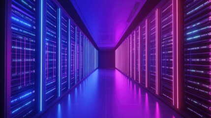 Poster - Futuristic blue and magenta neon energy lines forming a high-tech cyber tunnel with depth and glowing copy space.