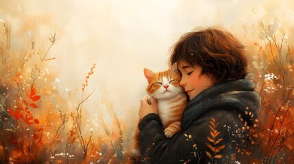 Poster - Minimalist distorted shapes style Muslim boy lovingly hugging his cat woodtextured forms blending into an abstract foliage background muted brownish warm tones flat soft shading effect