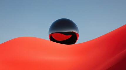 Poster - Abstract art displaying a metallic sphere on curved red terrain digital artwork minimalist serene atmosphere
