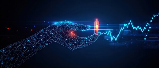 Poster - Hand touching finger on stock market chart indicating financial trends and data analysis