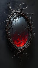 Poster - Mirror wrapped intertwined black and red thorny vines hyperrealistic souls inside screaming in agony the reflective surface blending with a dark black background for an intense visual