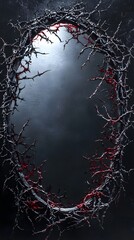 Poster - Mirror wrapped intertwined black and red thorny vines hyperrealistic souls inside screaming in agony the reflective surface blending with a dark black background for an intense visual