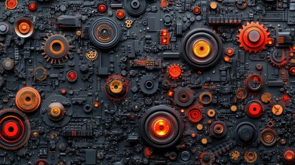 Poster - Futuristic robotics background with digital sensors, rotating gears, and sleek AI-powered components, forming an innovative copy space.