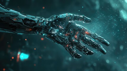 Poster - Futuristic robotic design with cybernetic arms, glowing digital interfaces, and sleek energy flow creating a clean tech copy space.