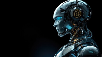 Poster - Futuristic robotics technology with digital gears, glowing data flows, and cybernetic components, creating a sleek and spacious copy space.