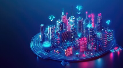 Poster - Glowing D IoT connectivity network with digital wireless devices, abstract high-tech AI integration, and futuristic copy space.