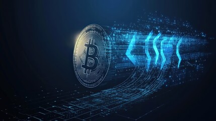 Poster - Close up of a physical bitcoin coin placed on a dark surface with a blurred background