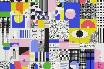 Poster - Abstract labyrinth illustrations featuring vibrant geometric patterns in modern art gallery space