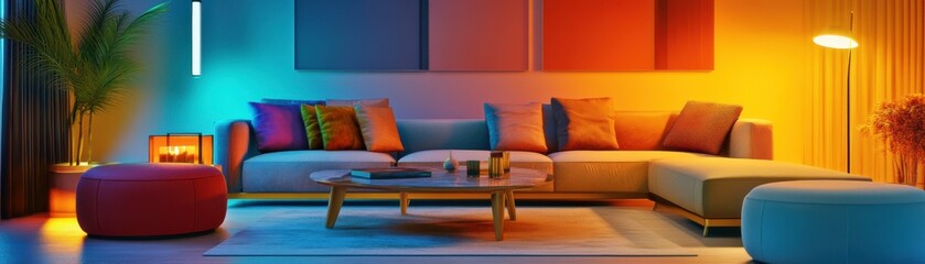 Poster - A modern, cozy living room featuring colorful lighting, a stylish sofa, and decorative cushions, creating a warm and inviting atmosphere.