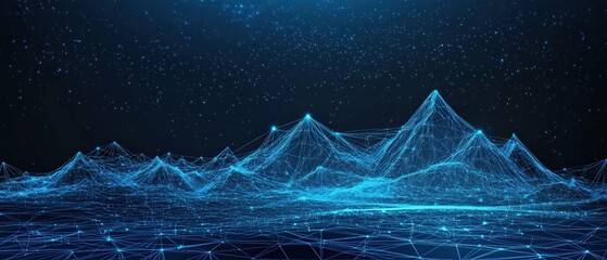 Aufkleber - Abstract mountain landscape featuring network lines and stars against a night sky background