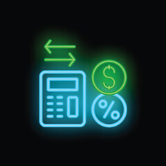 Poster - Neon sign of a calculator calculating a money transfer with interest rate symbol, great for financial, business and accounting concepts