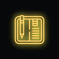 Poster - Neon sign depicting a notepad with a pen on a dark background, symbolizing planning and organization