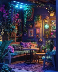 Poster - A cozy, vibrant indoor space adorned with plants, colorful cushions, and artistic decor, illuminated by soft neon lights.