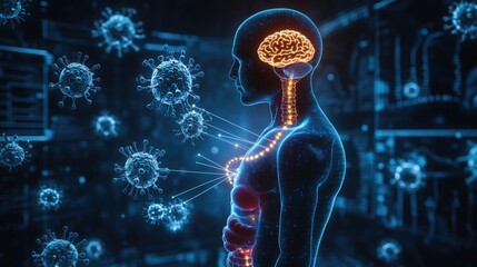 Poster - Woman with brain highlighted in center of body depicting human anatomy and cognitive function