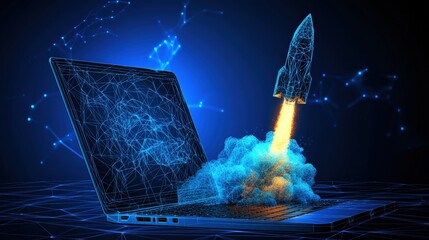 Poster - Laptop with a rocket emerging from it symbolizing innovation and technology in a creative workspace
