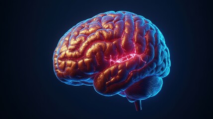 Poster - Illustration of a human brain with red electrical discharges representing neural activity and brain function