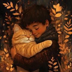 Poster - Muted warmtoned distorted art of Muslim boy embracing his cat shapes filled with wood texture abstract foliage background soft minimal shading brown and beige hues blending into flat design