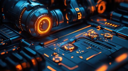 Poster - Industrial robotics background with intricate mechanical arms, glowing sensor nodes, and a smooth futuristic gradient forming a high-tech copy space.