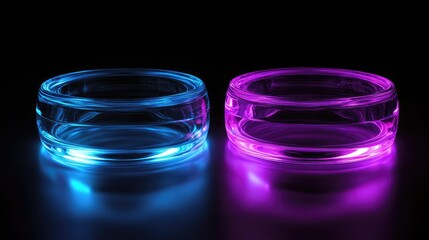 Poster - Holographic futuristic rings expanding into infinity, glowing with neon blue and electric purple, forming an innovation-themed copy space.
