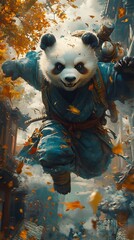 Poster - Panda ninja clad blue and green grins as he soars midair with a fierce punch His bombfilled backpack and a flurry of leaves in the wind create a vivid cinematic actionpacked moment