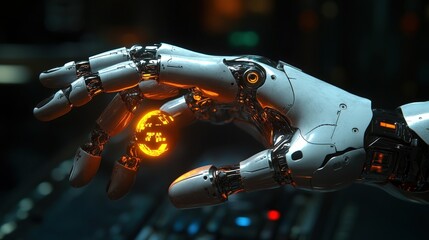 Poster - Robot hand with glowing orange light in a dark background showcasing advanced technology and design