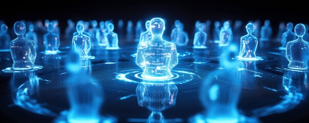 Poster - A group of glowing, holographic figures is arranged in a circular pattern, creating a mystical and futuristic atmosphere.