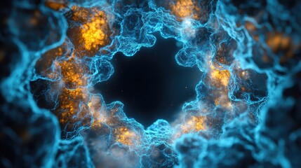 Poster - Molecular nanotechnology background with glowing particles forming a web of connections, leaving a blank space in the center for text, logo, or design.
