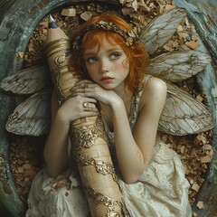 Fototapete - Perched a giant pencil a melancholic fairy with ginger hair gazes thoughtfully amidst scattered wood shavings The scene is captured in soft diffused lighting with a vintage feel