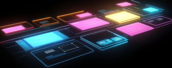 Poster - A vibrant, digital abstract design featuring glowing rectangles in various colors against a dark background, suggesting a high-tech theme.