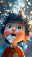Poster - Pixarlike little boy sneezing into tissue hair flying upwards droplets suspended in midair wideeyed expression colorful background frozen in time to capture highspeed spray details