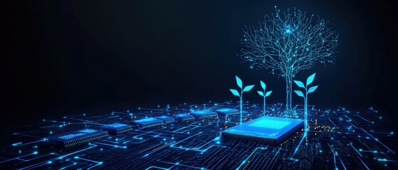 Poster - Tree with glowing lights positioned above a circuit board in a dark environment
