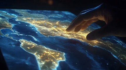 Poster - a hand interacts with a digital globe, showcasing illuminated city lights across continents. the ima
