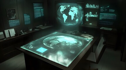 Poster - Futuristic command center with holographic world map on a large interactive table, surrounded by screens displaying data and information.  Dark, sleek environment.